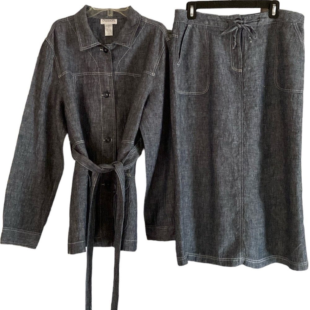 Vintage Chadwick's Heathered Blue 100% Linen Jacket and Skirt Coord Set Tall